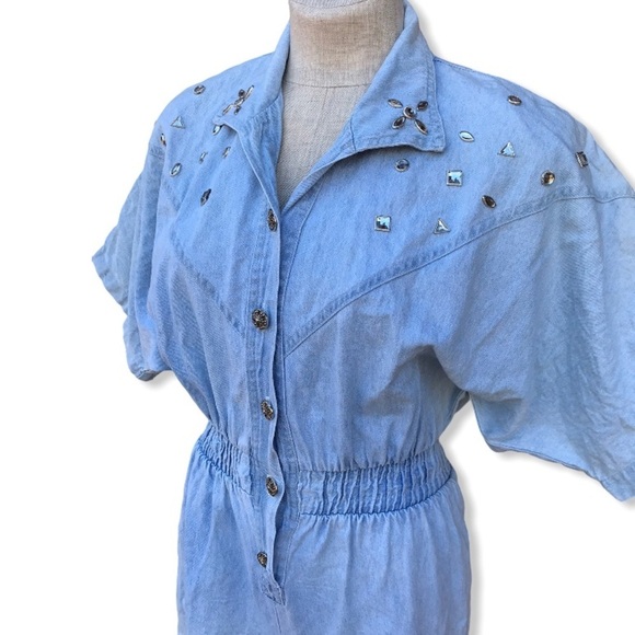 Vintage 1980 Denim Romper Studded Acid Wash Medium - Picture 2 of 8
